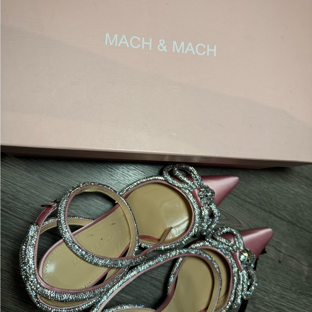 MACH & MACH Pink Satin Heels with Crystal Bow - Picture 4 of 4